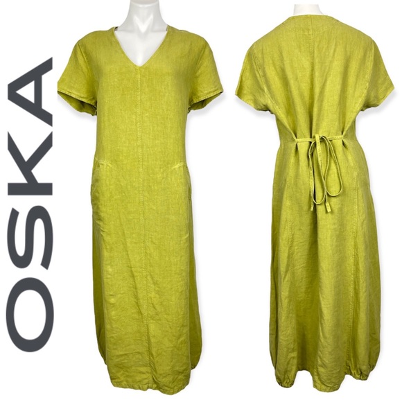oska Dresses & Skirts - OSKA Lagenlook Linen Heavy Weight V-Neck Minimalist Back Tie Green Yellow Dress